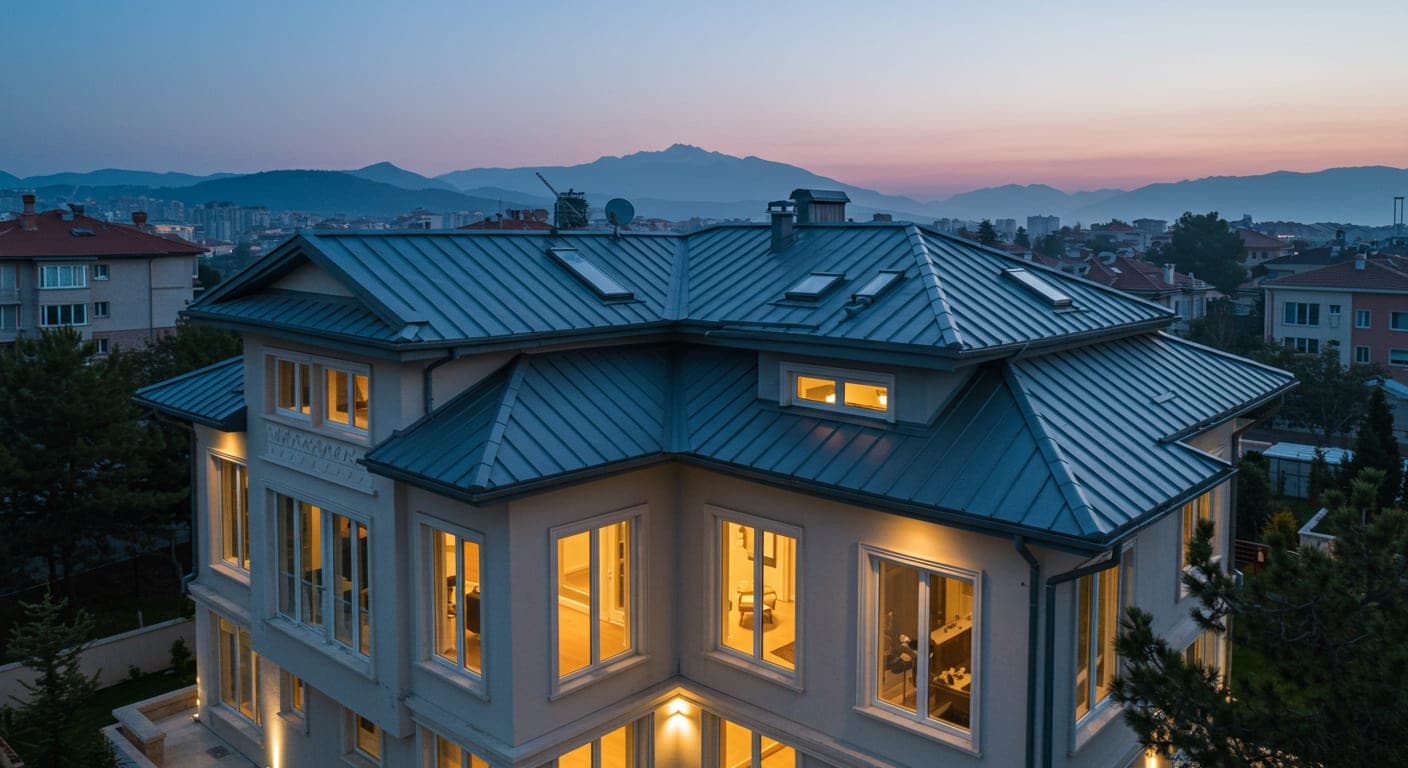 Çankaya villa çatısı — İncek ve Ümitköy'de titanyum-çinko kenet çatı, antrasit patina rengi