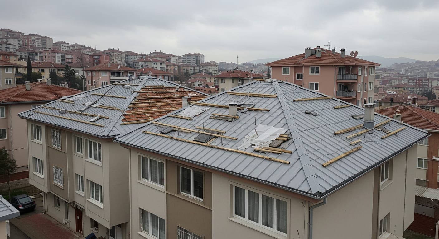 Yenimahalle kenet çatı yenileme — Çayyolu site apartmanında galvaniz kenet kaplama, eski kiremit yerine