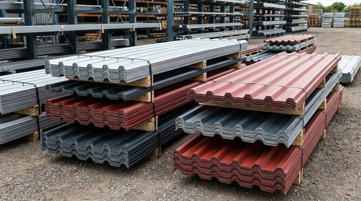 Stok sahasında paletler üzerinde bantlanmış galvaniz, antrasit ve kırmızı boyalı trapez sac demetleri